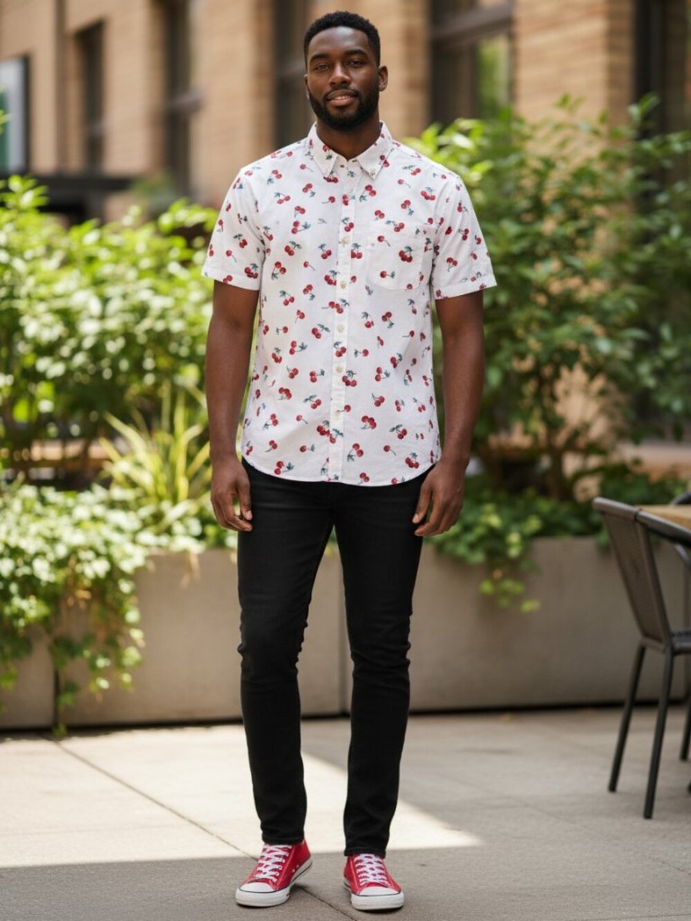Jogal Cherry Print Button Down Men Large White Excellent Short Sleeve Cotton